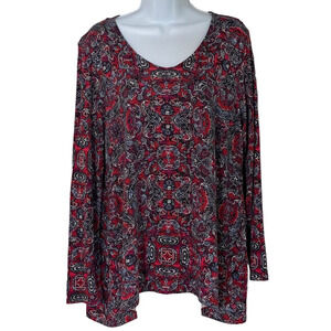 J Jill Paisley Print Tunic Pullover Red Multi Size Lg Boho Chic Flowy Casual Top